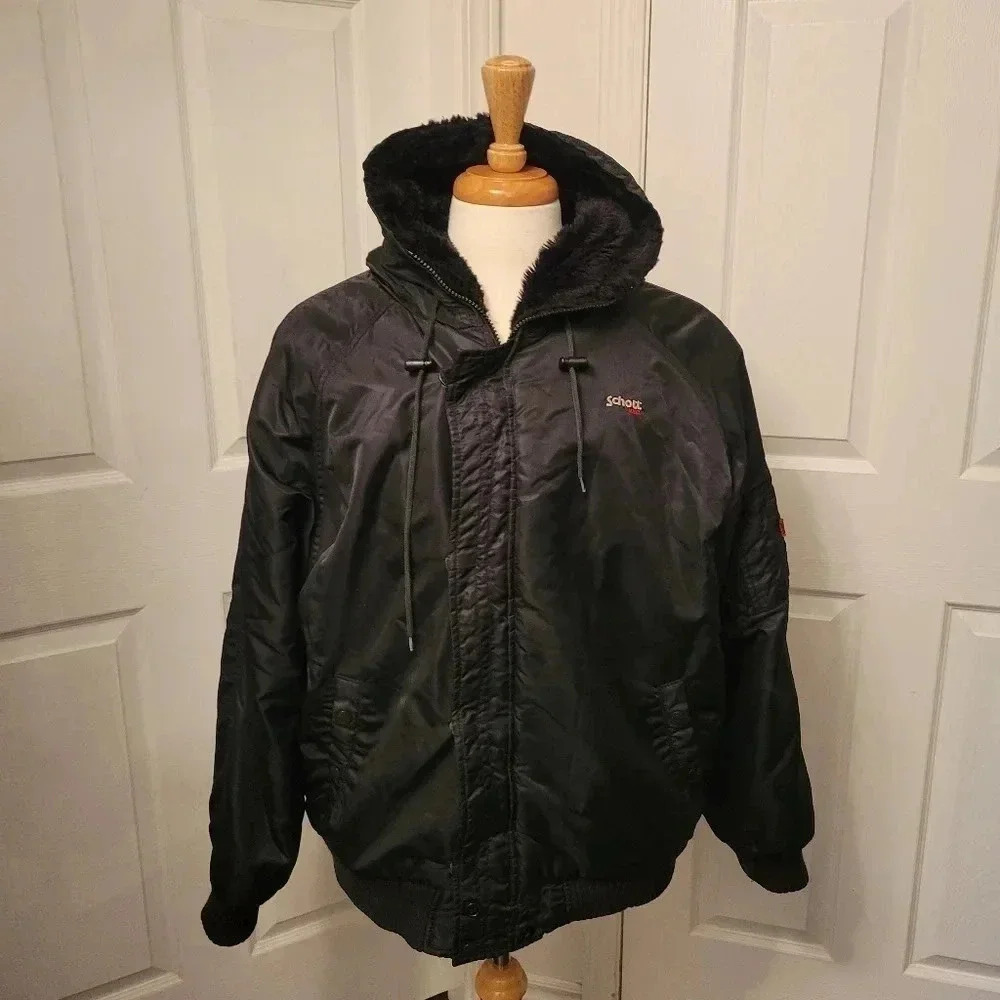 Schott NYC Hooded Black Bomber Jacket